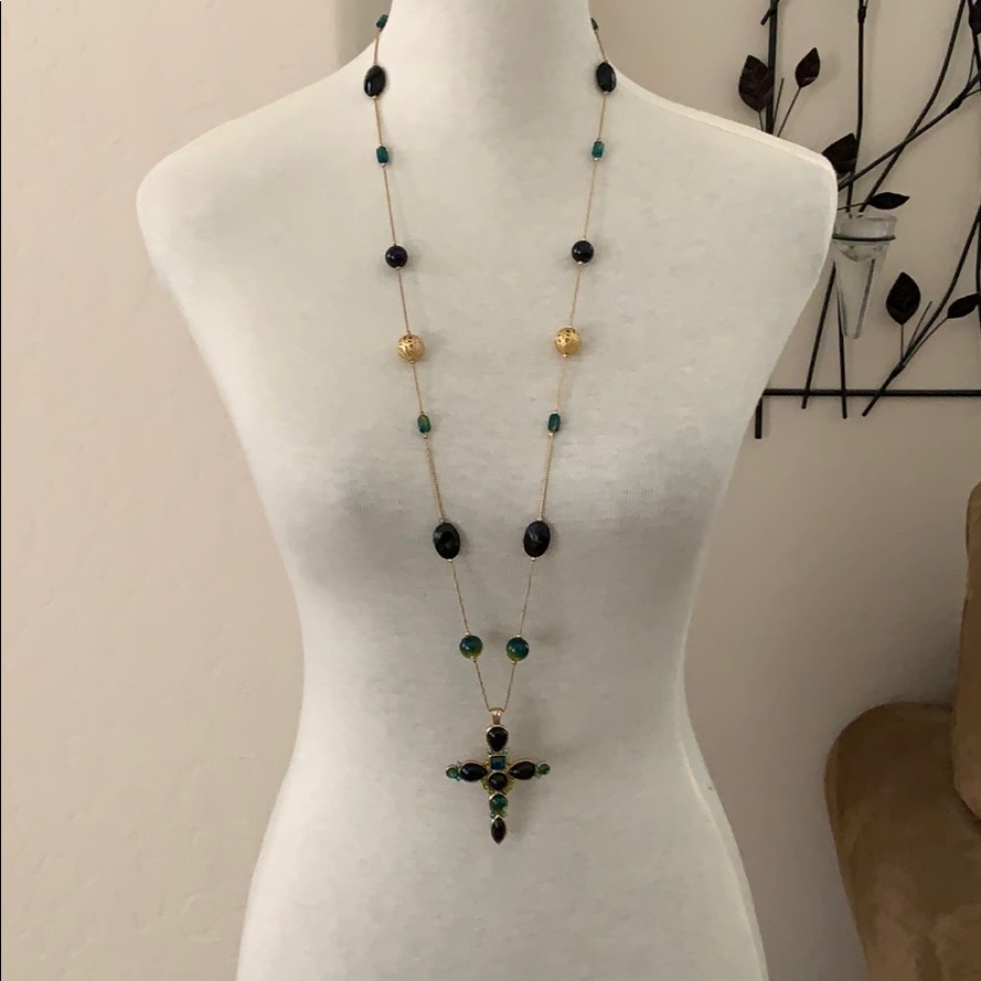 Nwot Long Gold Bejeweled Cross Necklace